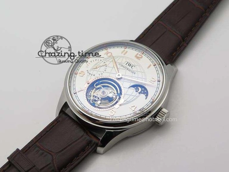 Portuguese Tourbillon Power Reserve Moonphase SS White Dial Gold Numbers On Black Leather Strap