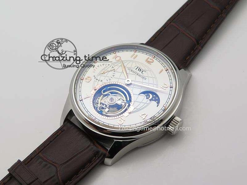 Portuguese Tourbillon Power Reserve Moonphase SS White Dial Gold Numbers On Black Leather Strap