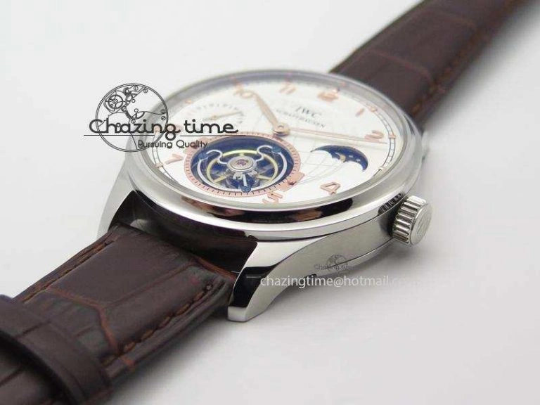 Portuguese Tourbillon Power Reserve Moonphase SS White Dial Gold Numbers On Black Leather Strap