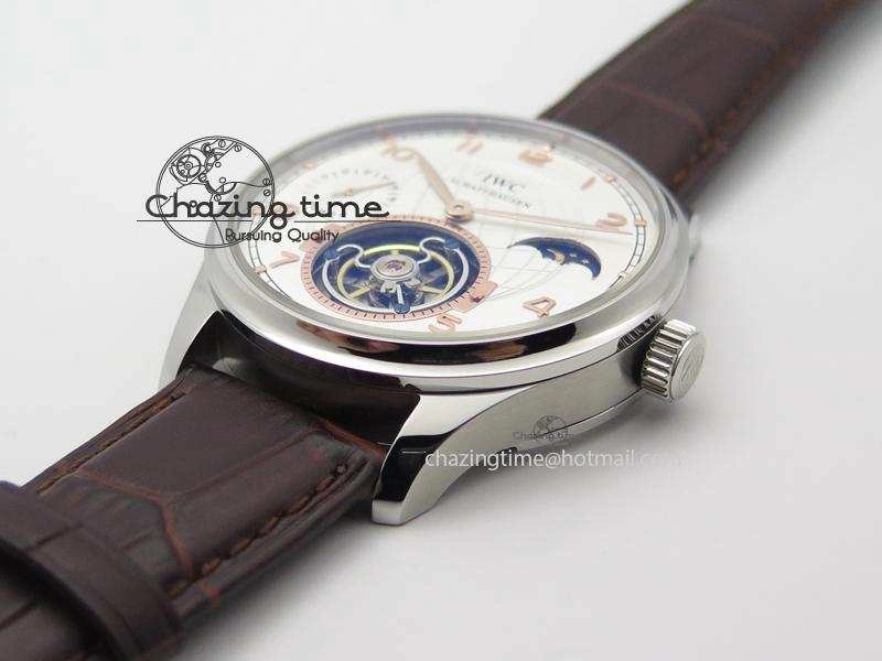 Portuguese Tourbillon Power Reserve Moonphase SS White Dial Gold Numbers On Black Leather Strap