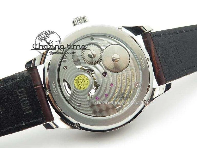Portuguese Tourbillon Power Reserve Moonphase SS White Dial Gold Numbers On Black Leather Strap