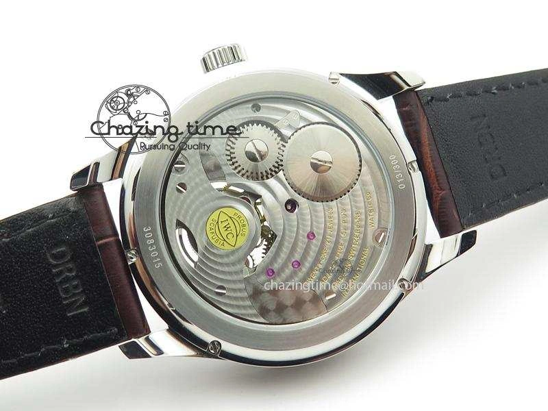 Portuguese Tourbillon Power Reserve Moonphase SS White Dial Gold Numbers On Black Leather Strap