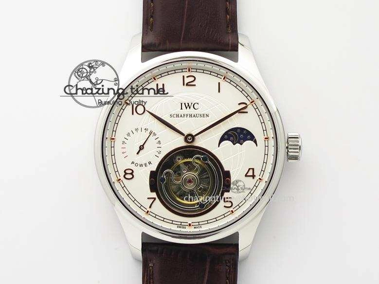 Portuguese Tourbillon Power Reserve Moonphase SS White Dial Gold Numbers On Black Leather Strap