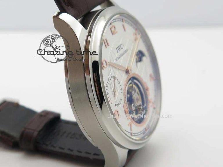 Portuguese Tourbillon Power Reserve Moonphase SS White Dial Gold Numbers On Black Leather Strap