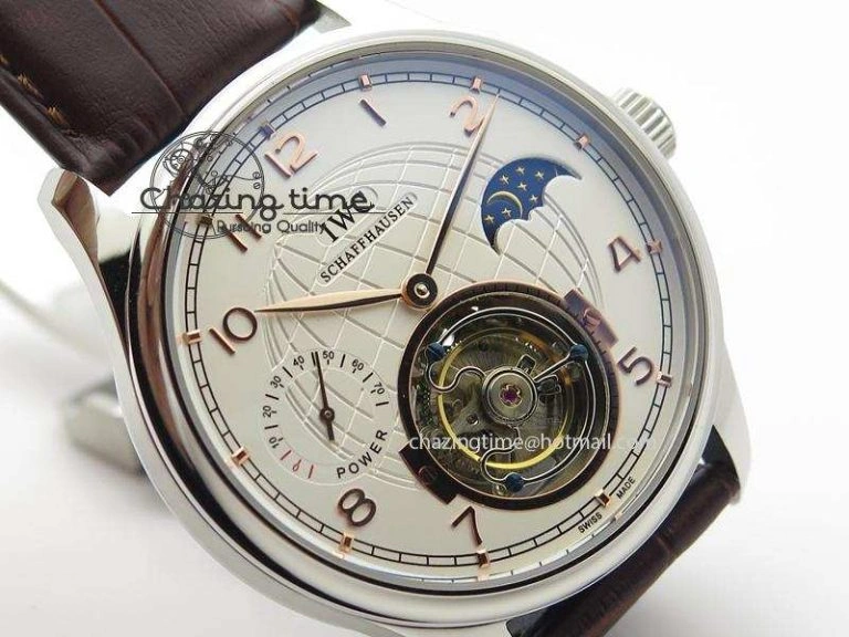 Portuguese Tourbillon Power Reserve Moonphase SS White Dial Gold Numbers On Black Leather Strap
