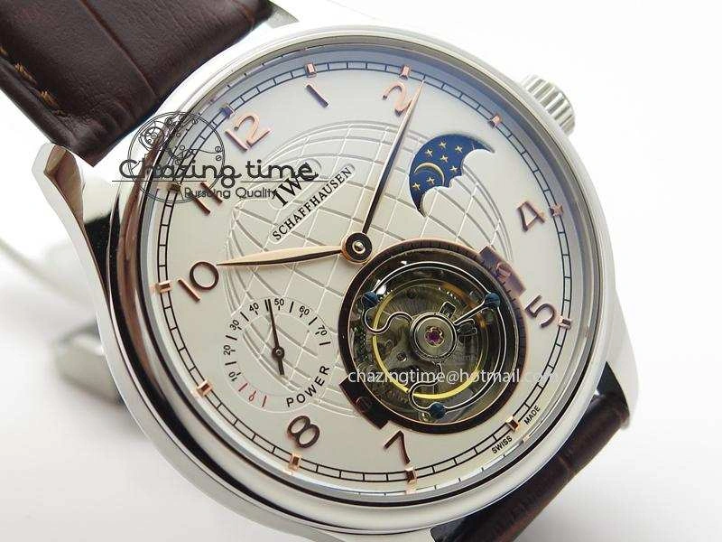 Portuguese Tourbillon Power Reserve Moonphase SS White Dial Gold Numbers On Black Leather Strap