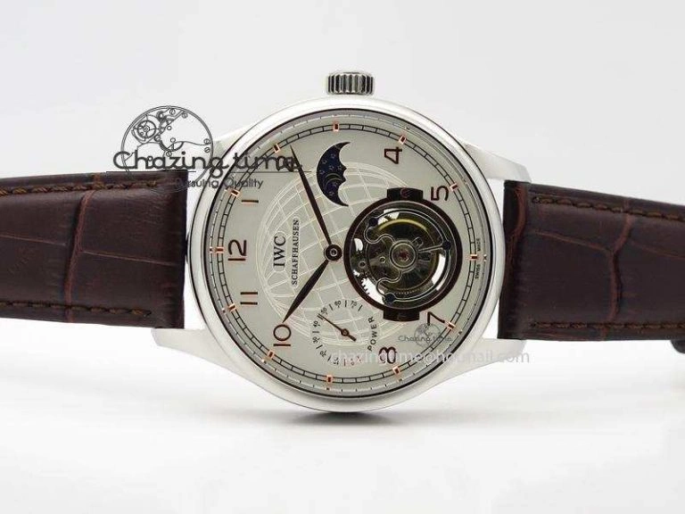 Portuguese Tourbillon Power Reserve Moonphase SS White Dial Gold Numbers On Black Leather Strap
