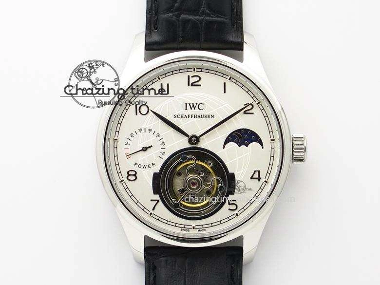 Portuguese Tourbillon Power Reserve Moonphase SS White Dial On Black Leather Strap