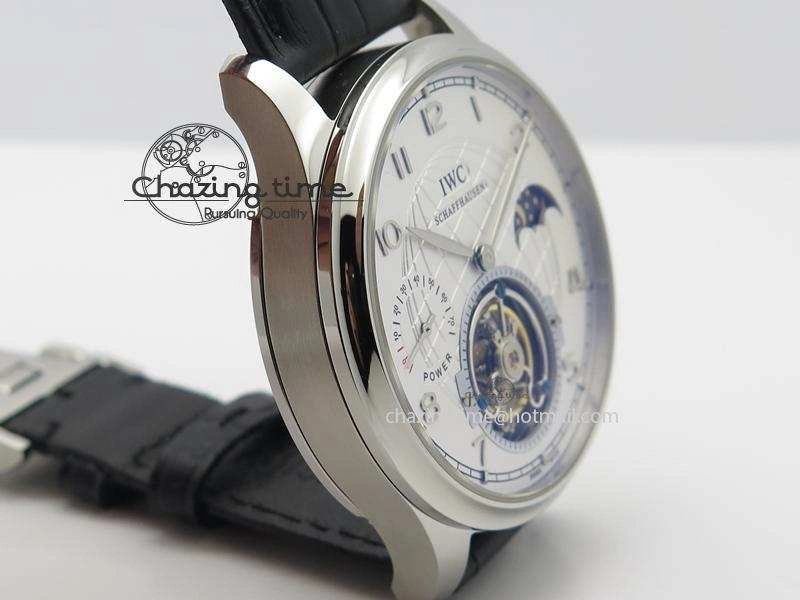 Portuguese Tourbillon Power Reserve Moonphase SS White Dial On Black Leather Strap