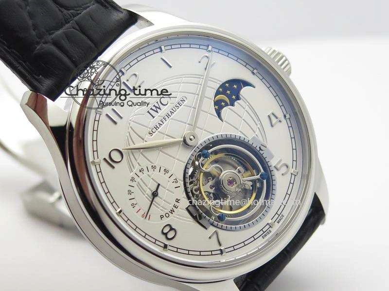 Portuguese Tourbillon Power Reserve Moonphase SS White Dial On Black Leather Strap