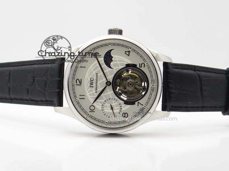 Portuguese Tourbillon Power Reserve Moonphase SS White Dial On Black Leather Strap