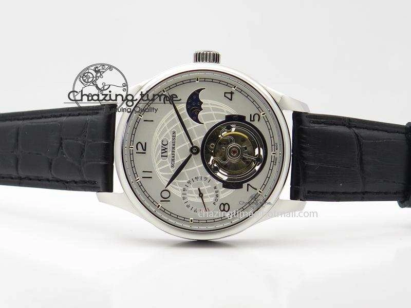 Portuguese Tourbillon Power Reserve Moonphase SS White Dial On Black Leather Strap