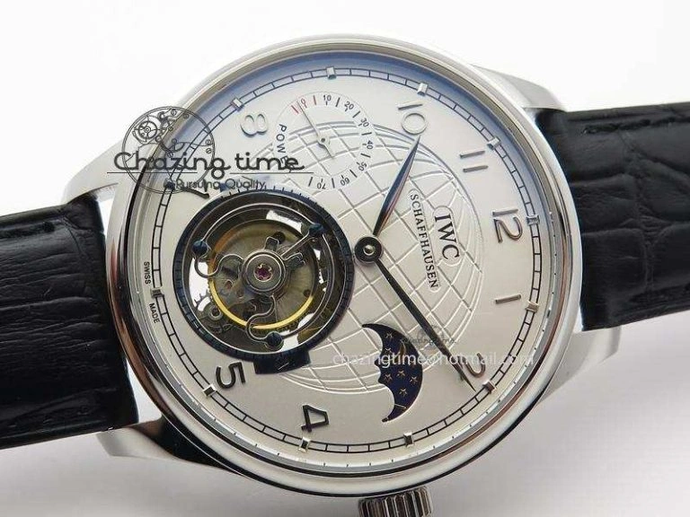 Portuguese Tourbillon Power Reserve Moonphase SS White Dial On Black Leather Strap