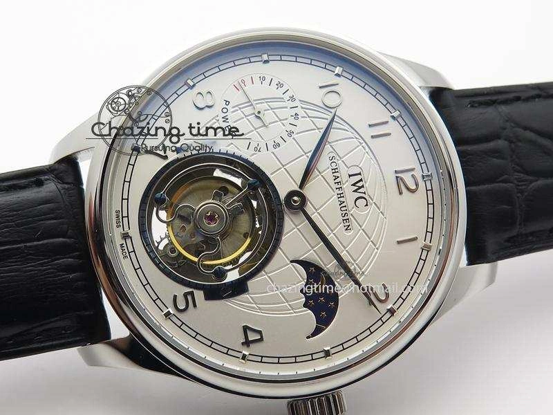 Portuguese Tourbillon Power Reserve Moonphase SS White Dial On Black Leather Strap