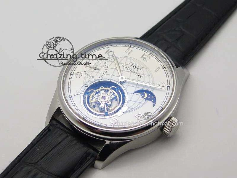 Portuguese Tourbillon Power Reserve Moonphase SS White Dial On Black Leather Strap