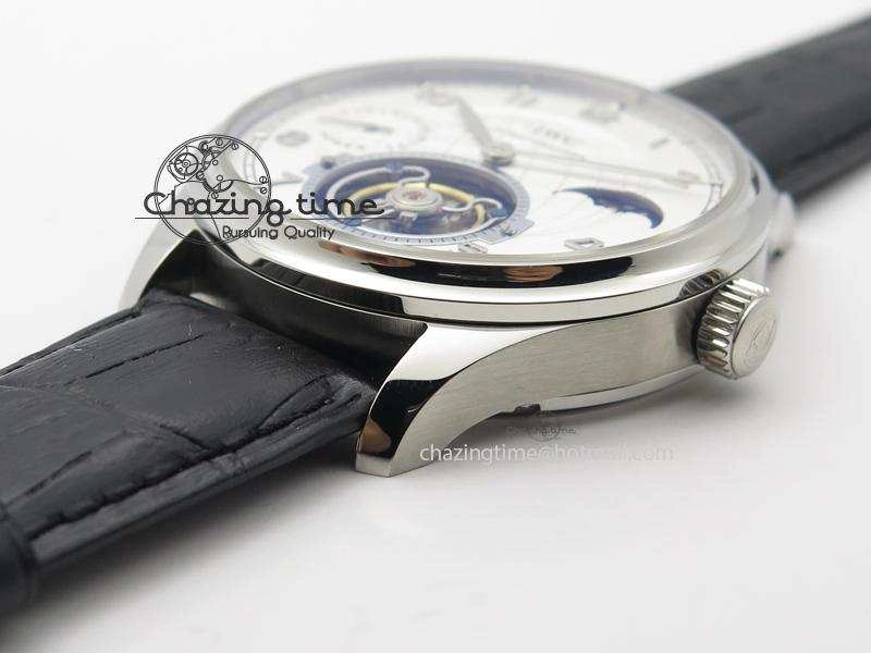 Portuguese Tourbillon Power Reserve Moonphase SS White Dial On Black Leather Strap