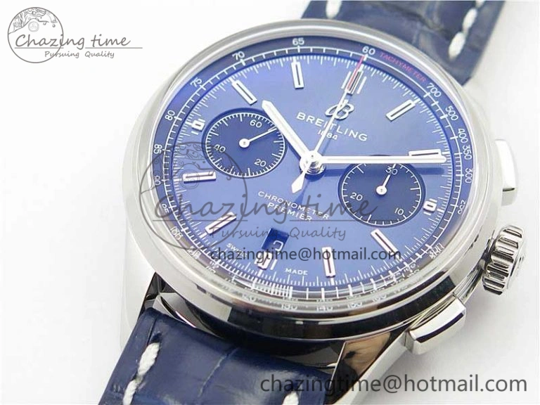 Premier B01 Chrono SS 42mm GF 1:1 Best Edition Blue Dial on Blue Leather Strap A7750