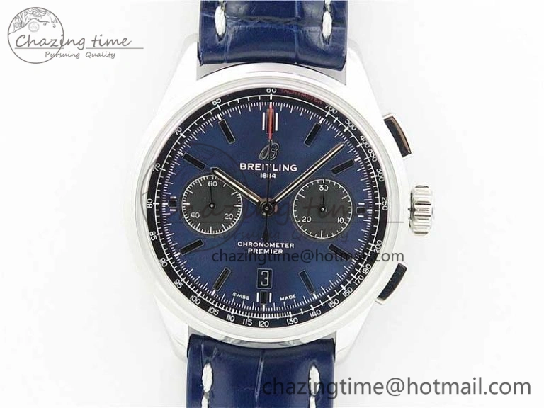 Premier B01 Chrono SS 42mm GF 1:1 Best Edition Blue Dial on Blue Leather Strap A7750