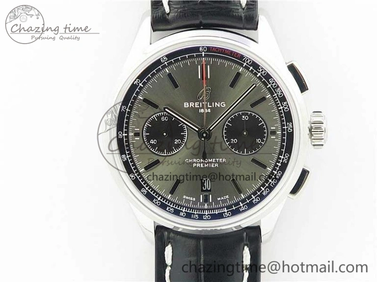 Premier B01 Chrono SS 42mm GF 1:1 Best Edition Gray Black Dial on Black Leather Strap A7750