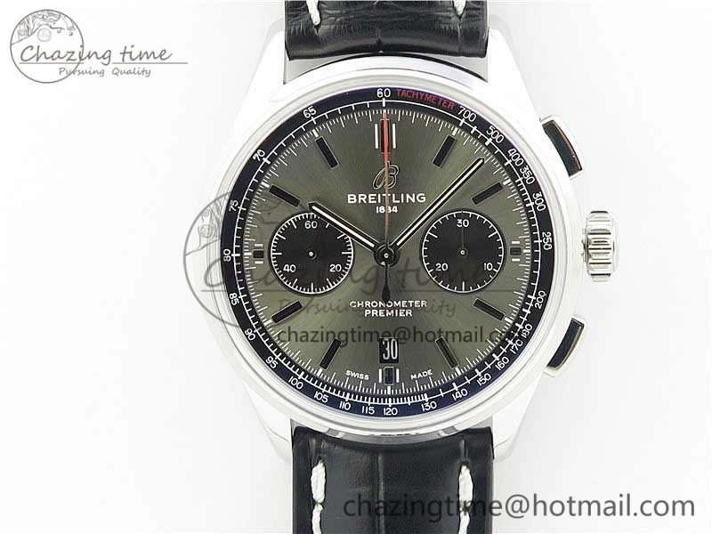 Premier B01 Chrono SS 42mm GF 1:1 Best Edition Gray Black Dial on Black Leather Strap A7750