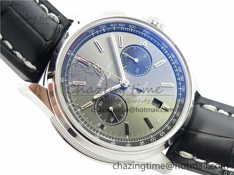 Premier B01 Chrono SS 42mm GF 1:1 Best Edition Gray Black Dial on Black Leather Strap A7750