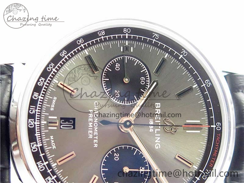 Premier B01 Chrono SS 42mm GF 1:1 Best Edition Gray Black Dial on Black Leather Strap A7750
