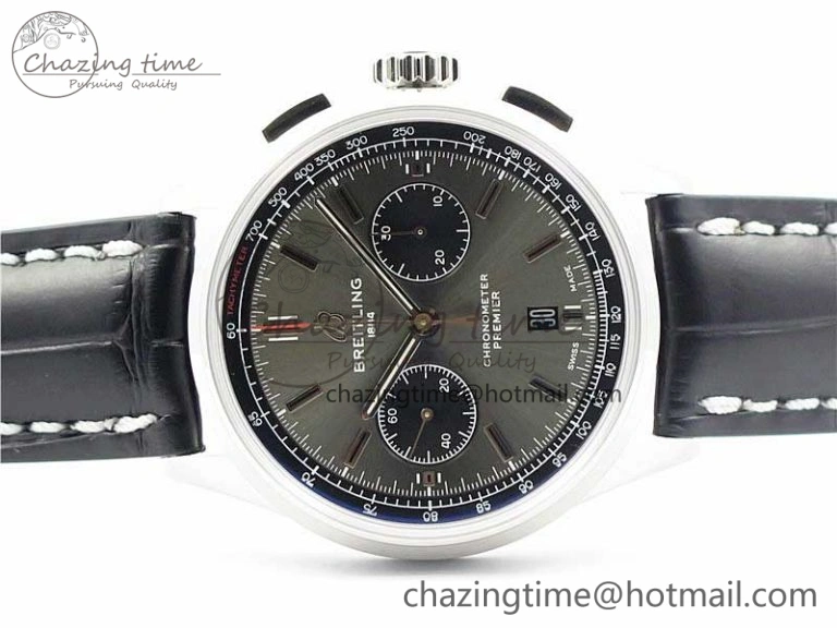 Premier B01 Chrono SS 42mm GF 1:1 Best Edition Gray Black Dial on Black Leather Strap A7750