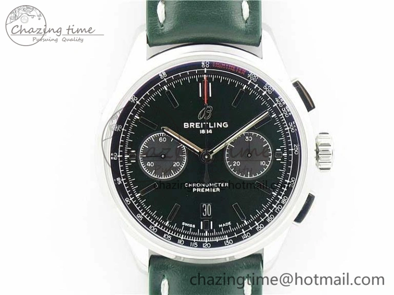 Premier B01 Chrono SS 42mm GF 1:1 Best Edition Green Dial on Green Leather Strap A7750