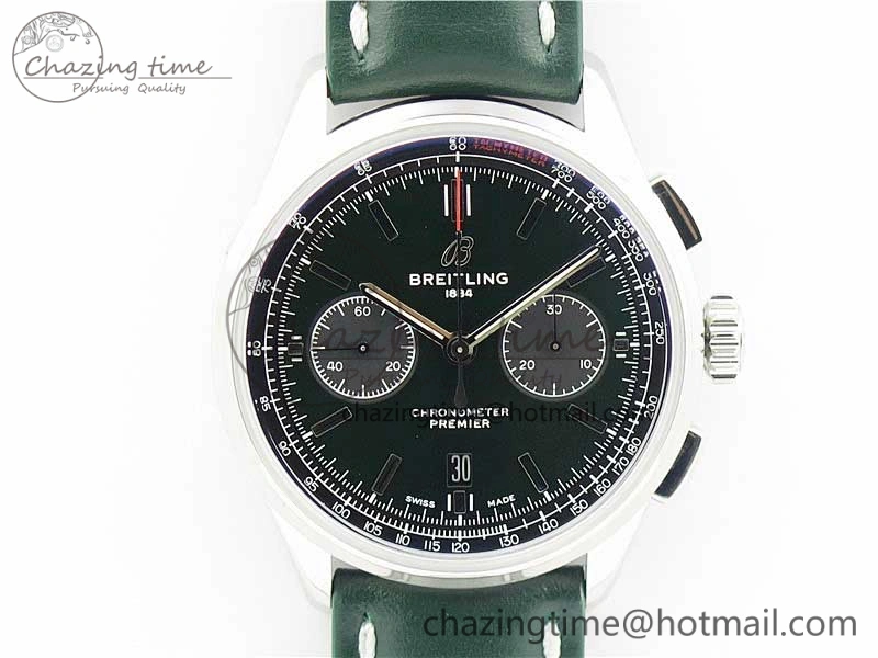 Premier B01 Chrono SS 42mm GF 1:1 Best Edition Green Dial on Green Leather Strap A7750