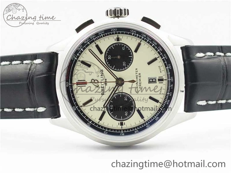 Premier B01 Chrono SS 42mm GF 1:1 Best Edition White Black Dial on Black Leather Strap A7750