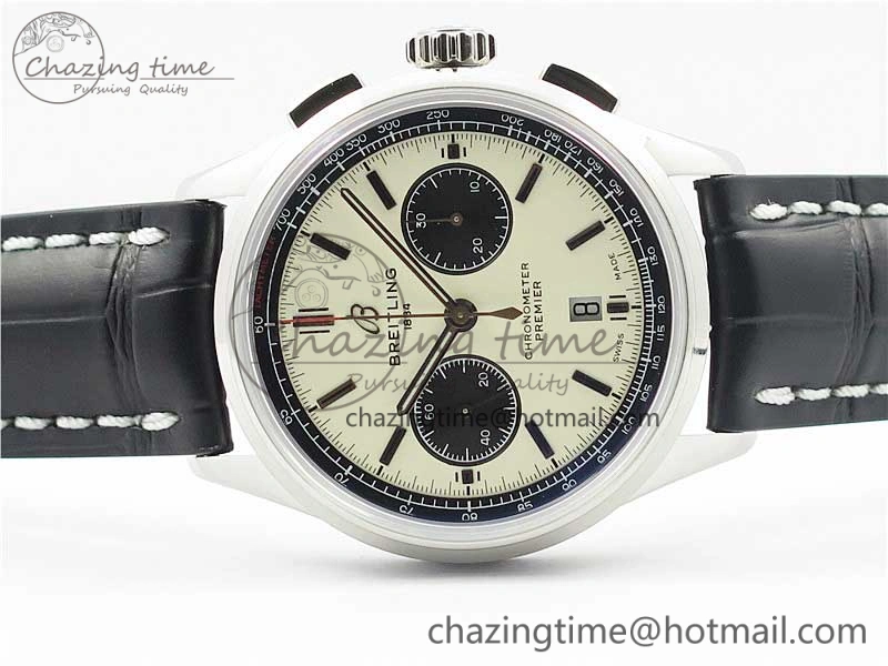 Premier B01 Chrono SS 42mm GF 1:1 Best Edition White Black Dial on Black Leather Strap A7750