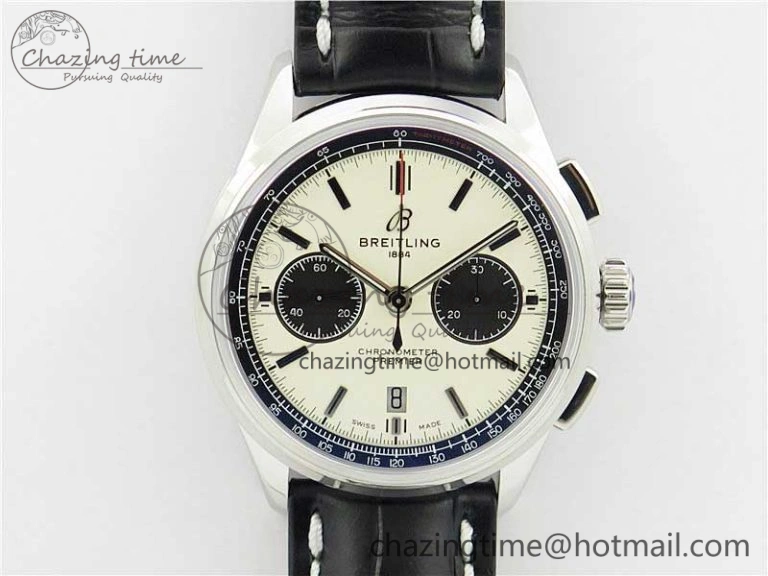 Premier B01 Chrono SS 42mm GF 1:1 Best Edition White Black Dial on Black Leather Strap A7750