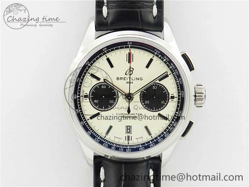 Premier B01 Chrono SS 42mm GF 1:1 Best Edition White Black Dial on Black Leather Strap A7750