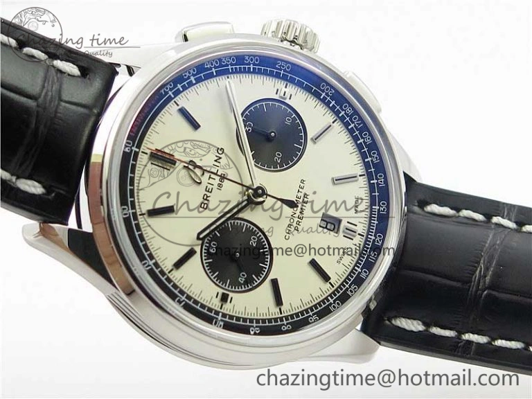 Premier B01 Chrono SS 42mm GF 1:1 Best Edition White Black Dial on Black Leather Strap A7750