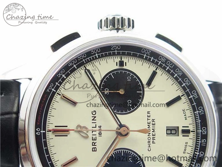 Premier B01 Chrono SS 42mm GF 1:1 Best Edition White Black Dial on Black Leather Strap A7750