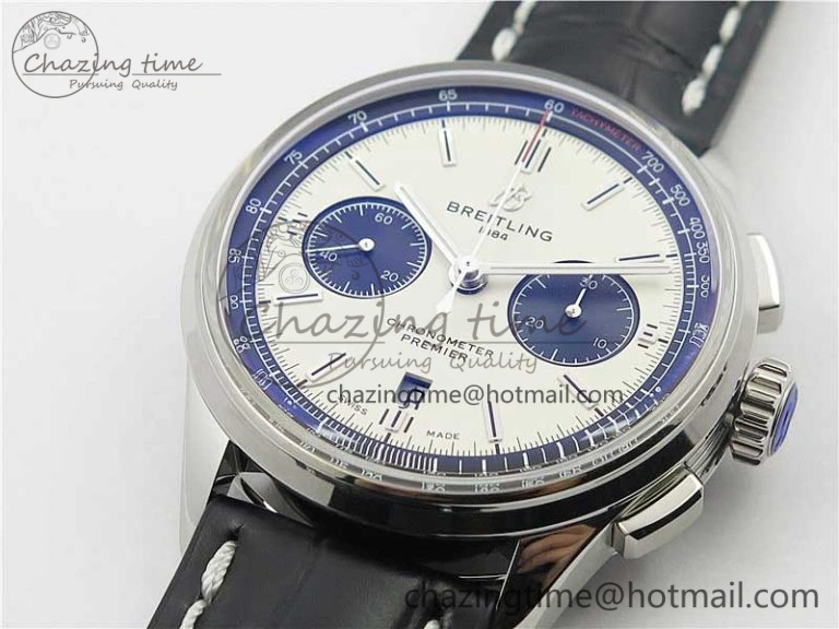 Premier B01 Chrono SS 42mm GF 1:1 Best Edition White Black Dial on Black Leather Strap A7750