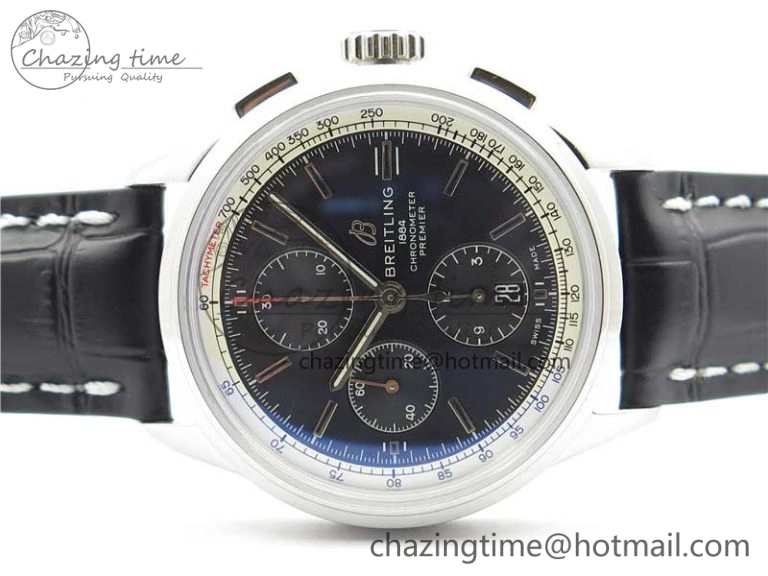 Premier Chronograph 42 BLS 1:1 Best Edition Black Dial on Black Leather Strap A7750