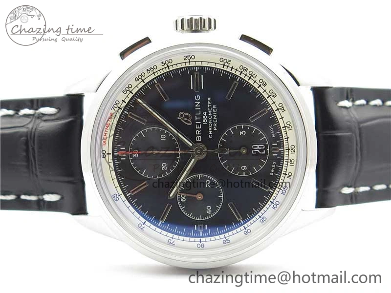 Premier Chronograph 42 BLS 1:1 Best Edition Black Dial on Black Leather Strap A7750