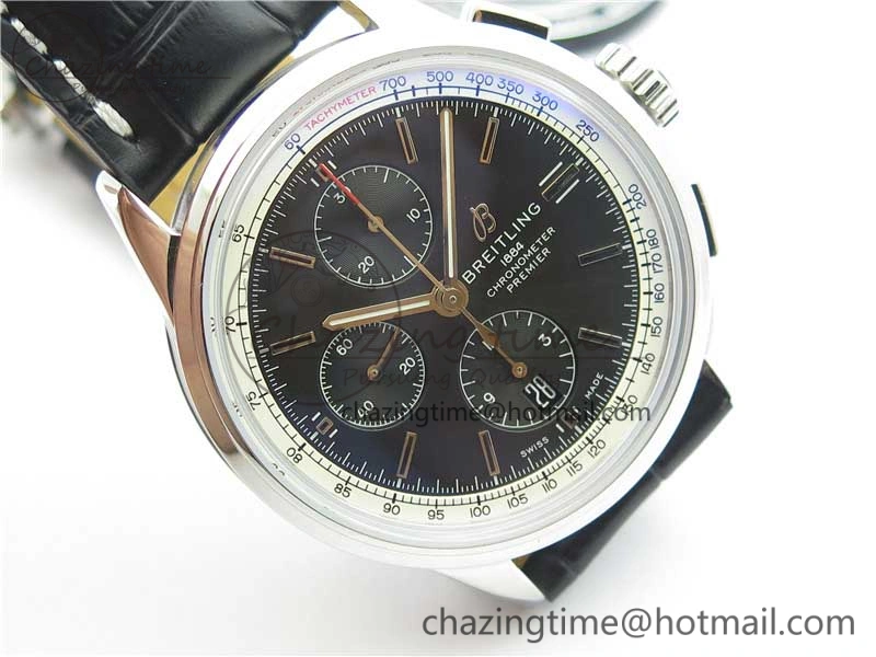 Premier Chronograph 42 BLS 1:1 Best Edition Black Dial on Black Leather Strap A7750