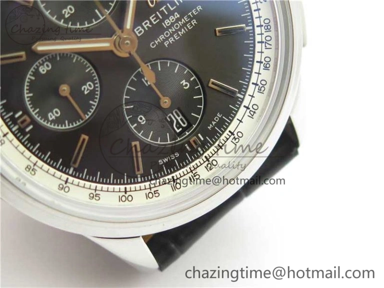 Premier Chronograph 42 BLS 1:1 Best Edition Black Dial on Black Leather Strap A7750