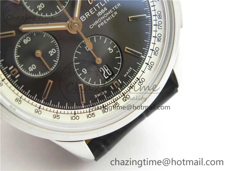 Premier Chronograph 42 BLS 1:1 Best Edition Black Dial on Black Leather Strap A7750