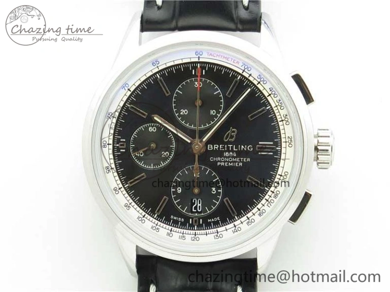 Premier Chronograph 42 BLS 1:1 Best Edition Black Dial on Black Leather Strap A7750