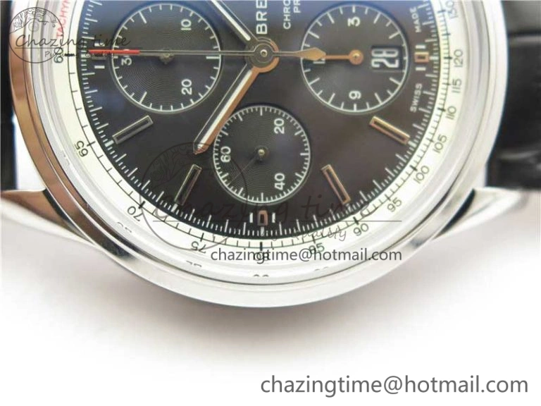 Premier Chronograph 42 BLS 1:1 Best Edition Black Dial on Black Leather Strap A7750