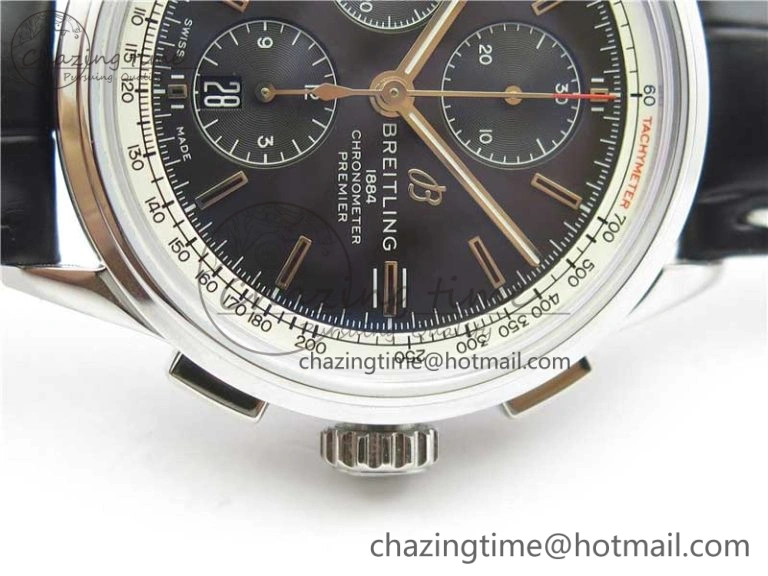 Premier Chronograph 42 BLS 1:1 Best Edition Black Dial on Black Leather Strap A7750