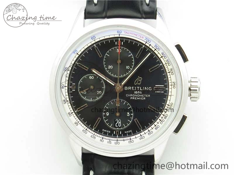 Premier Chronograph 42 BLS 1:1 Best Edition Black Dial on Black Leather Strap A7750