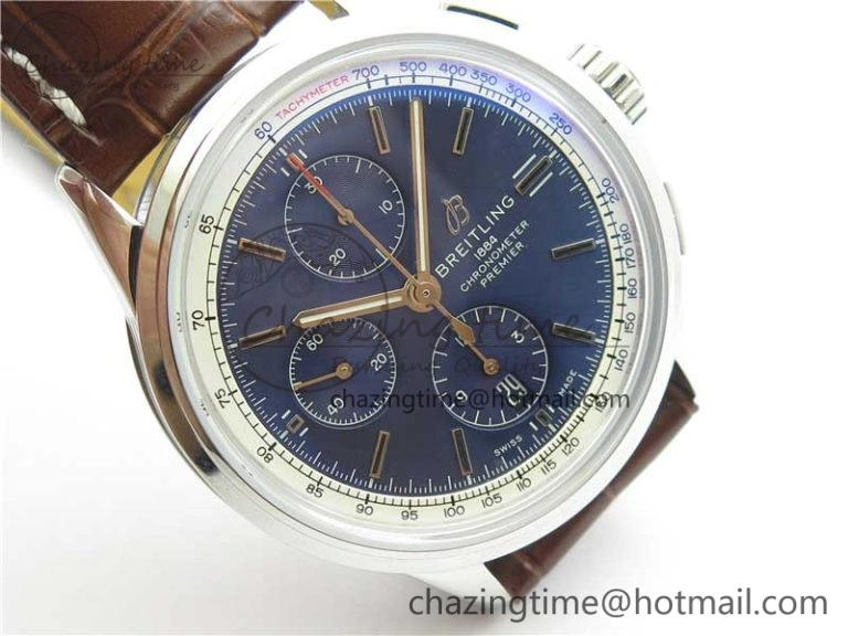 Premier Chronograph 42 BLS 1:1 Best Edition Blue Dial on Brown Leather Strap A7750