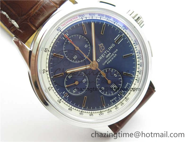 Premier Chronograph 42 BLS 1:1 Best Edition Blue Dial on Brown Leather Strap A7750