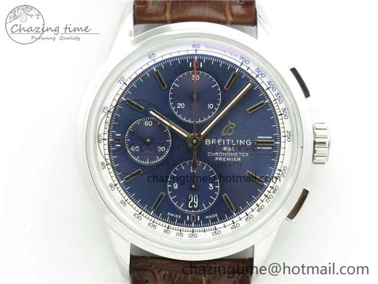 Premier Chronograph 42 BLS 1:1 Best Edition Blue Dial on Brown Leather Strap A7750