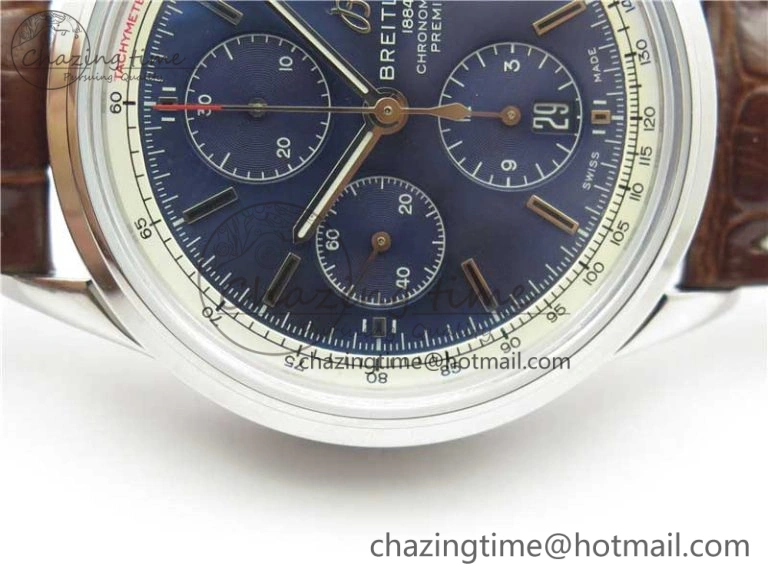 Premier Chronograph 42 BLS 1:1 Best Edition Blue Dial on Brown Leather Strap A7750