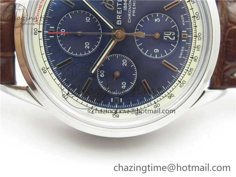 Premier Chronograph 42 BLS 1:1 Best Edition Blue Dial on Brown Leather Strap A7750